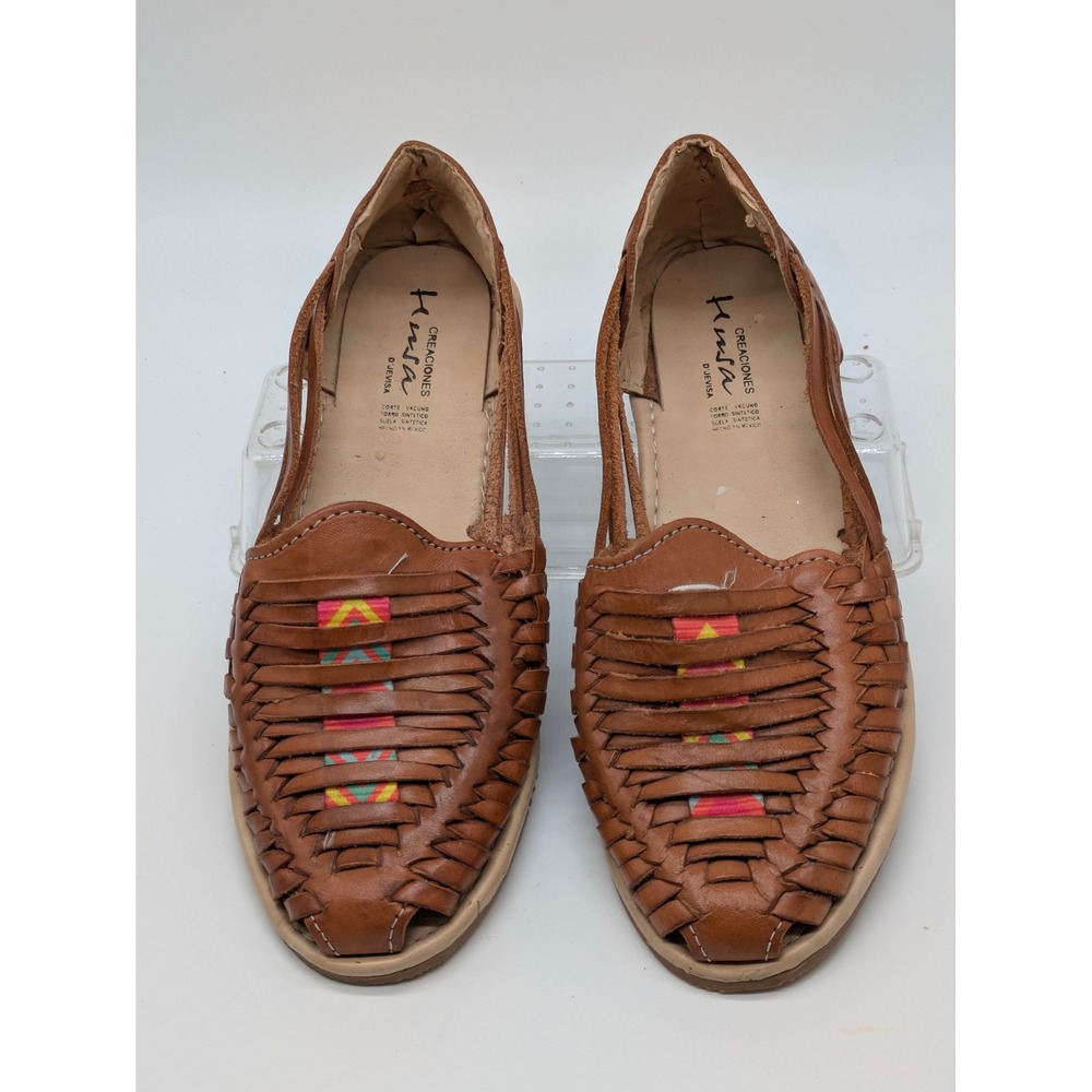 Mexican Huarache Leather Sandals Brown Woven Handmade Slip On Size Unknown